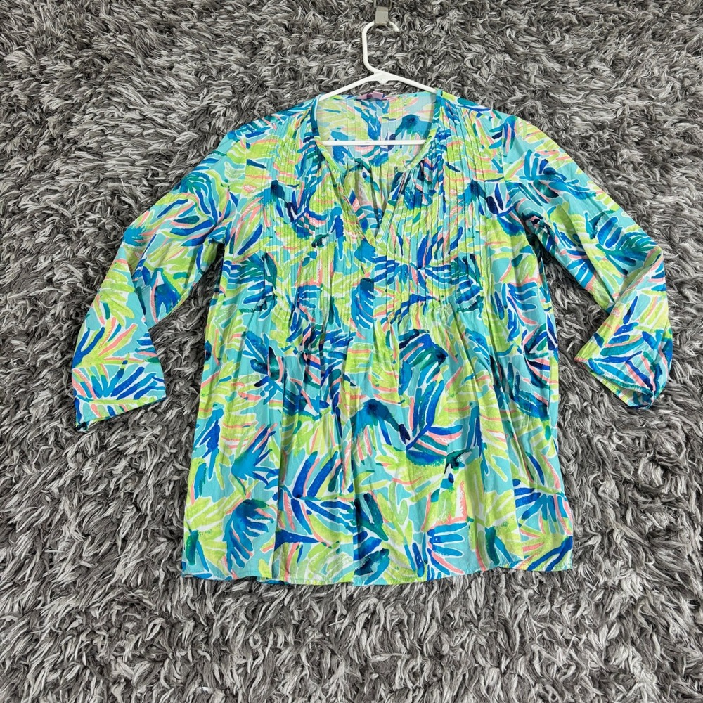 Lilly Pulitzer Womens Small Blue Green Tropical Pintuck 3/4 Sleeve Rayon Blouse